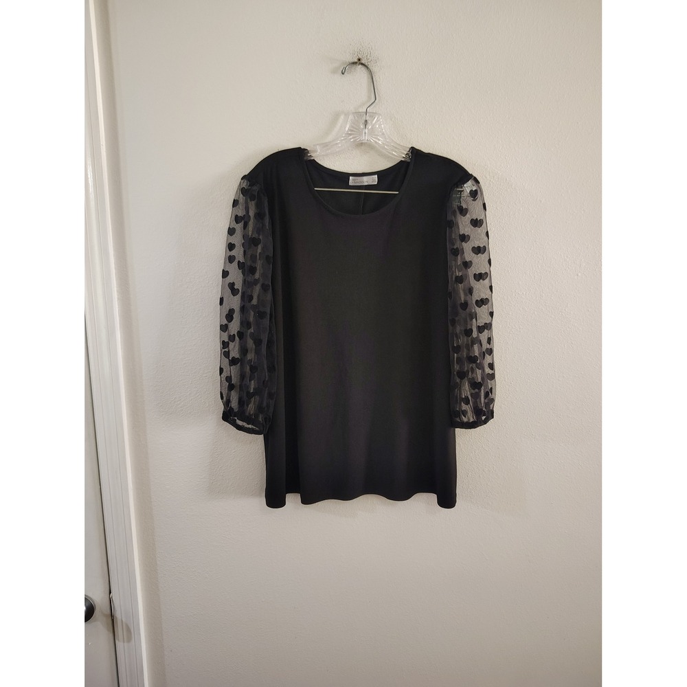 89th + Madison Black Heart Mesh Sheer Puff Sleeve Knit Top XL